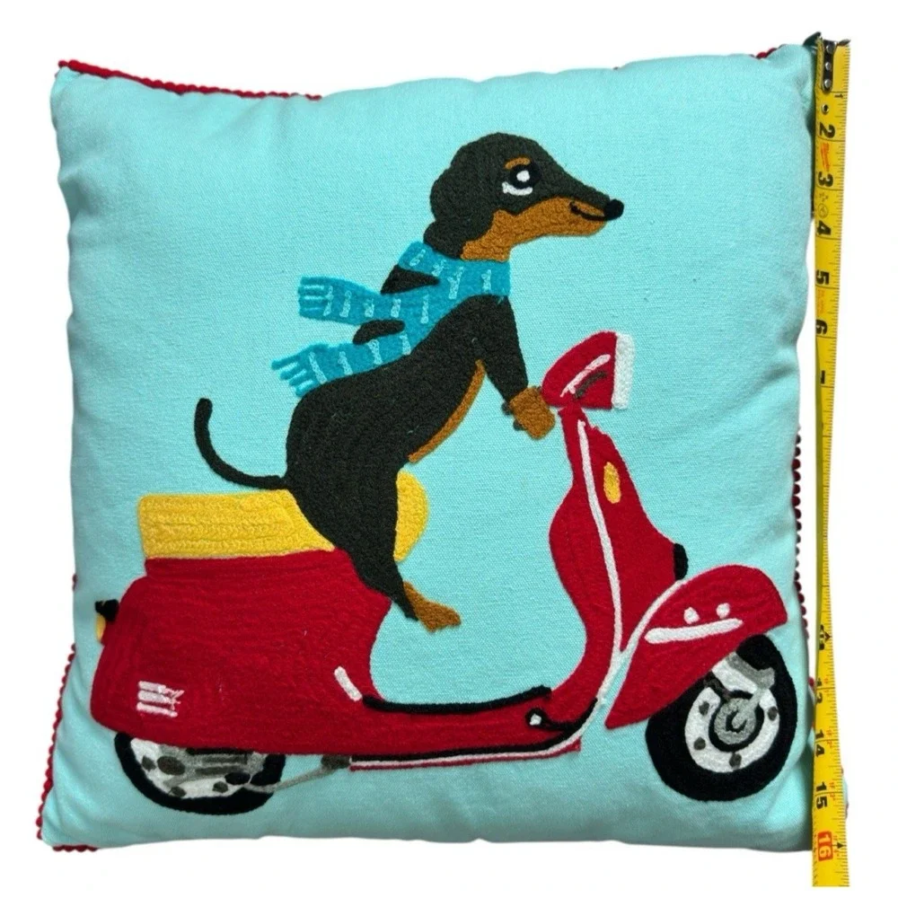 Dachshund Dotson Dog Scarf Riding Vespa Scooter Karma Living Embroidered Pillow